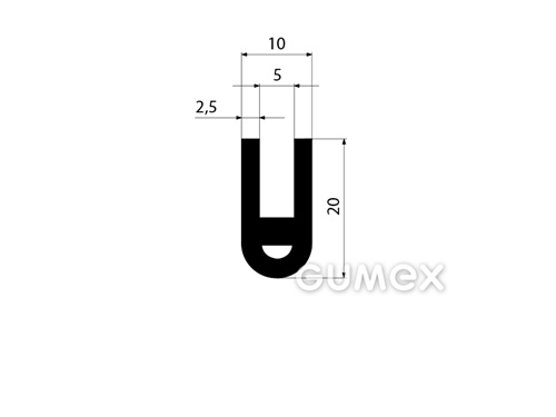 "U" Gummiprofil mit Loch, 20x10/5mm, 65°ShA, NBR, -40°C/+70°C, schwarz, 
